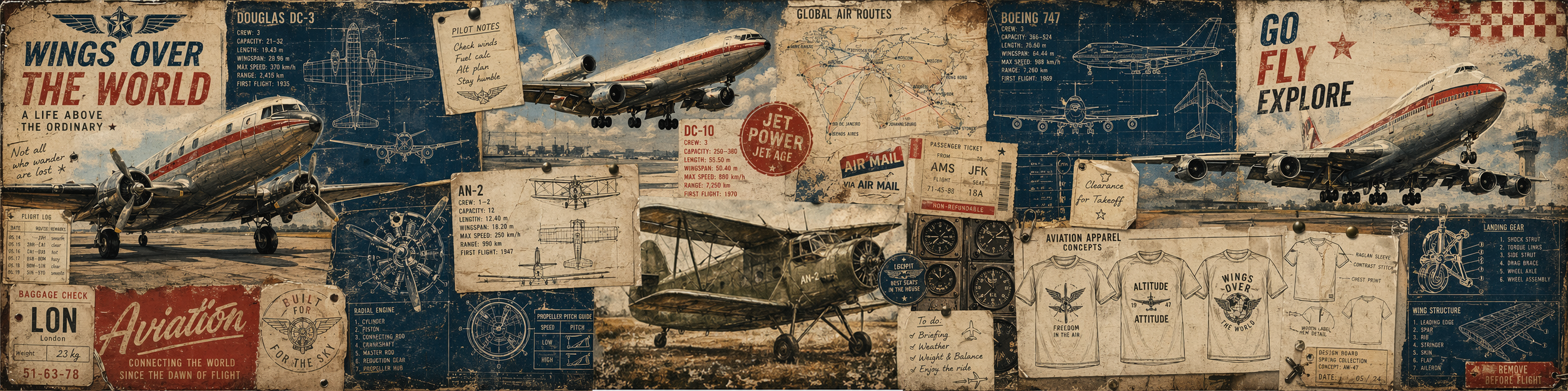 Collage of vintage airplane illustrations and travel-themed text on a blue background
