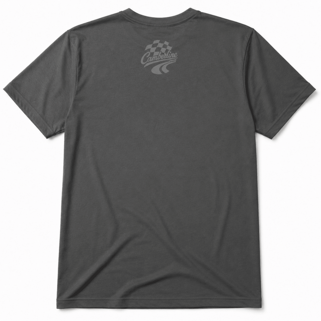 A dark gray short-sleeve t-shirt shown from the back, featuring a subtle gray graphic with a checkered flag and the word 'Cruising' printed on the upper back.