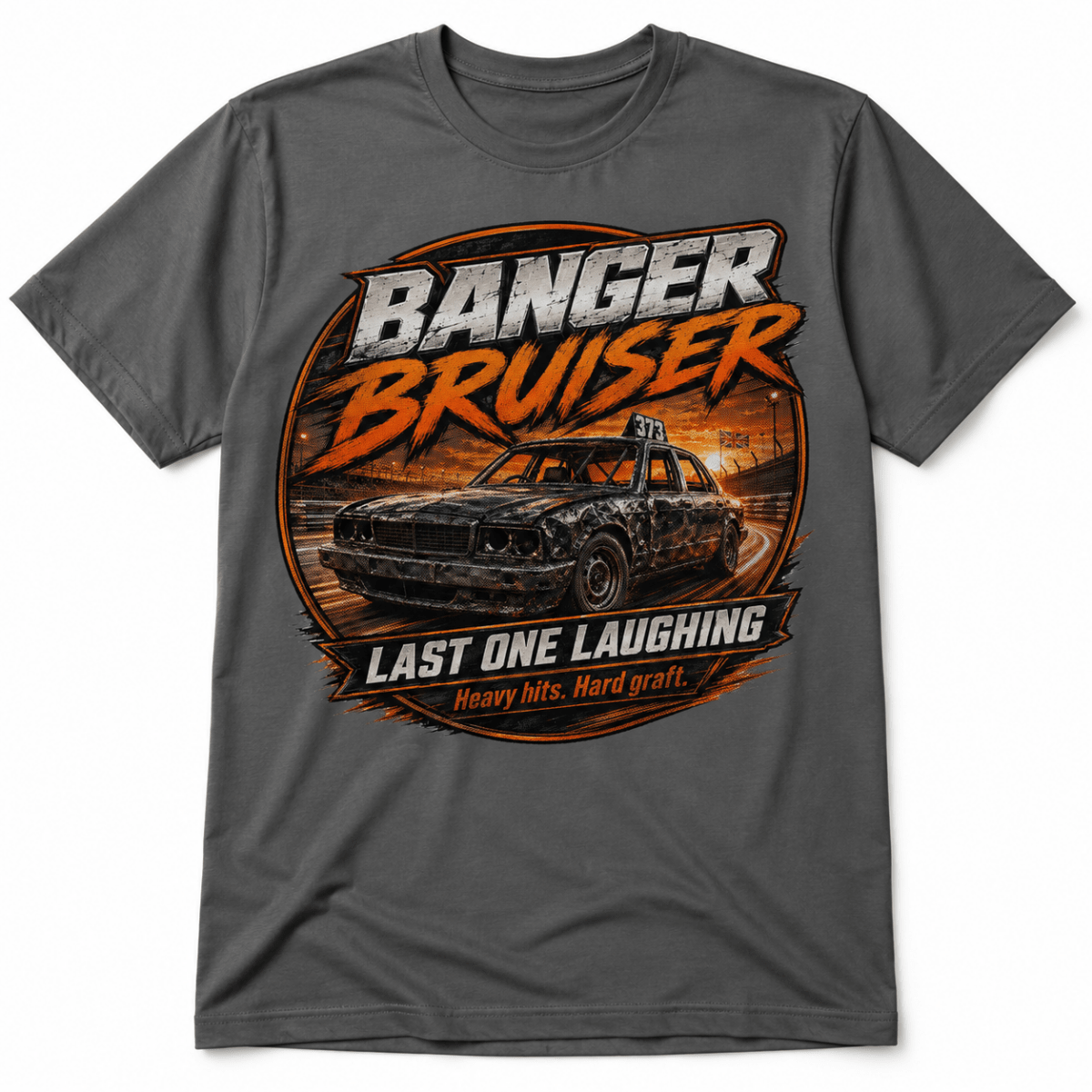 A dark gray crewneck t-shirt featuring a large graphic print on the front. The graphic displays a black race car with a camouflage pattern, set against a circular background with orange and brown flames.