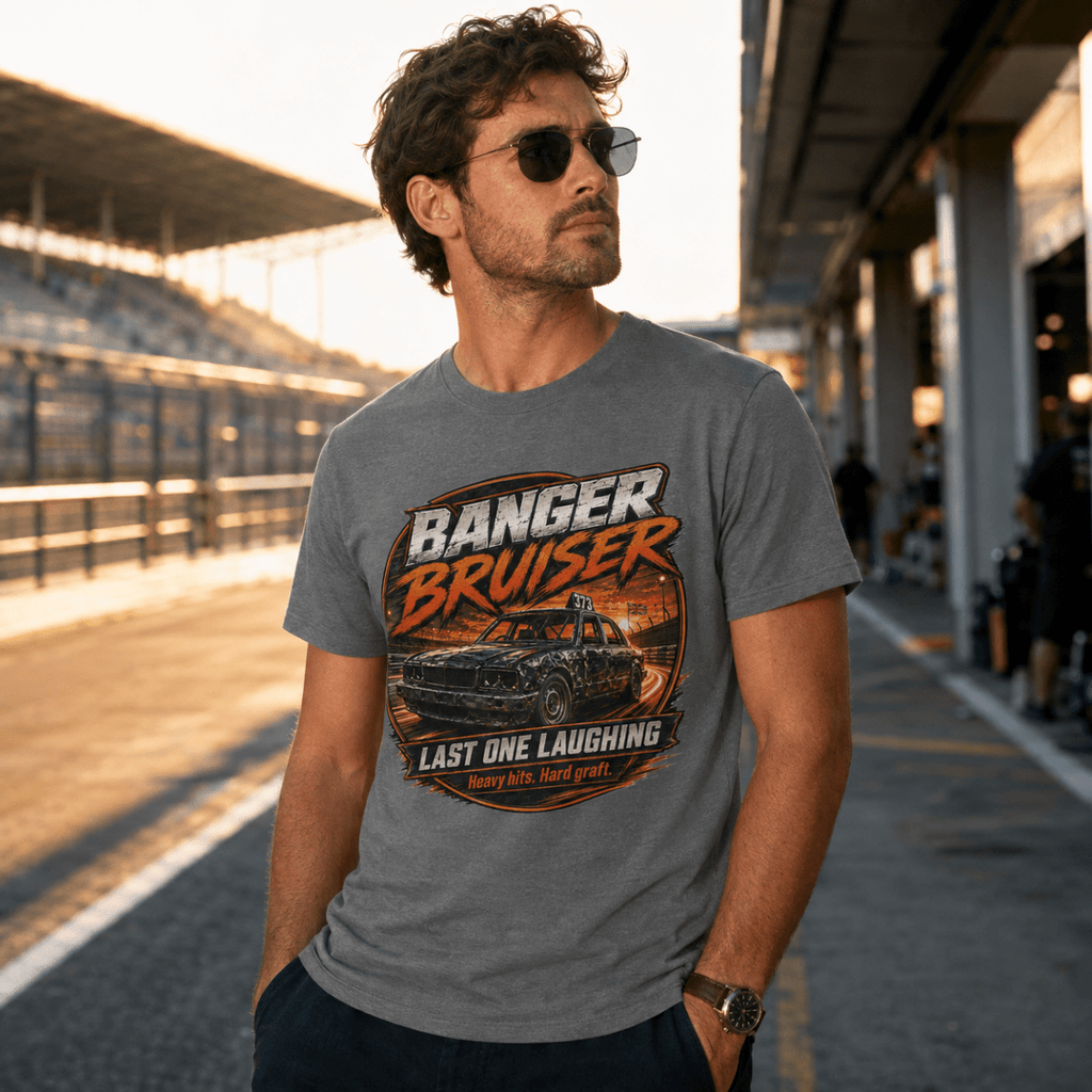 A man wearing a gray graphic t-shirt with a 'Banger Bruiser' car design, standing in a racetrack environment.