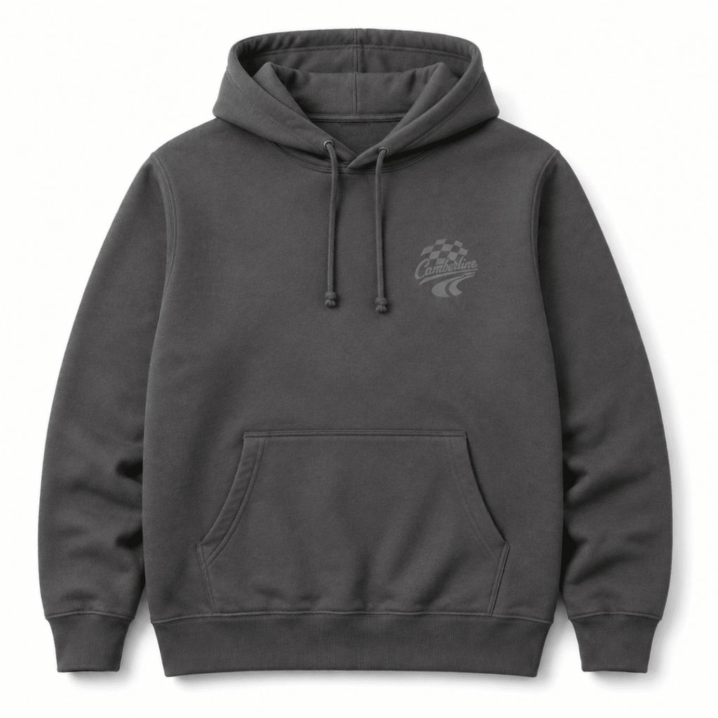 A dark gray pullover hoodie with a drawstring hood, kangaroo pocket, and a subtle tonal graphic on the left chest, displayed against a clean white background.