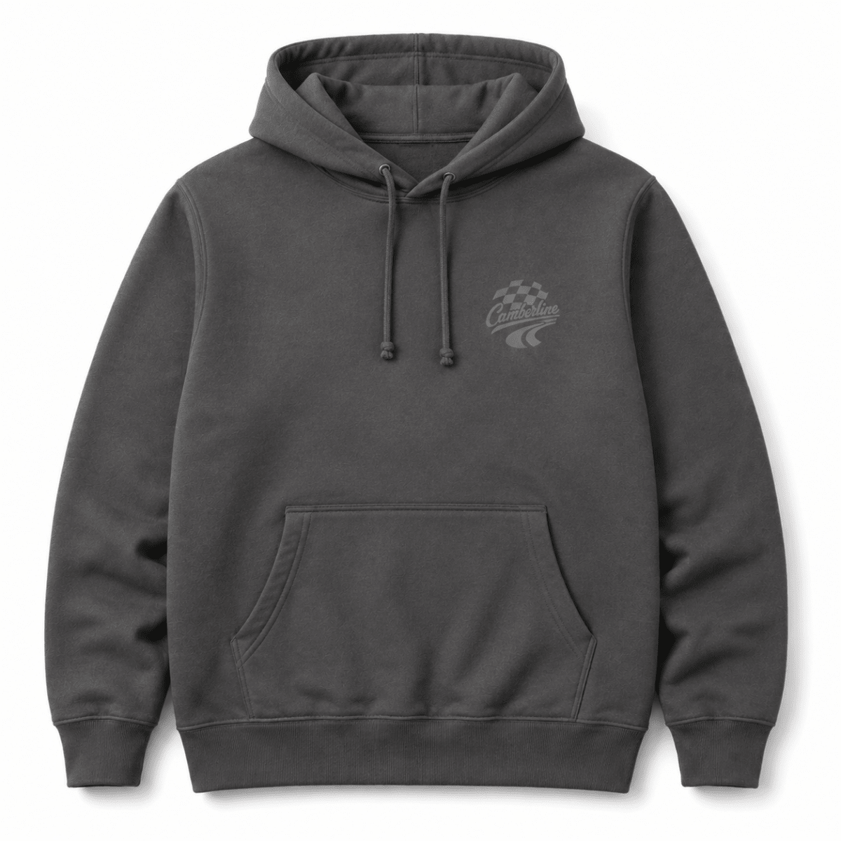 A dark gray pullover hoodie with a drawstring hood, kangaroo pocket, and a subtle tonal graphic on the left chest, displayed against a clean white background.