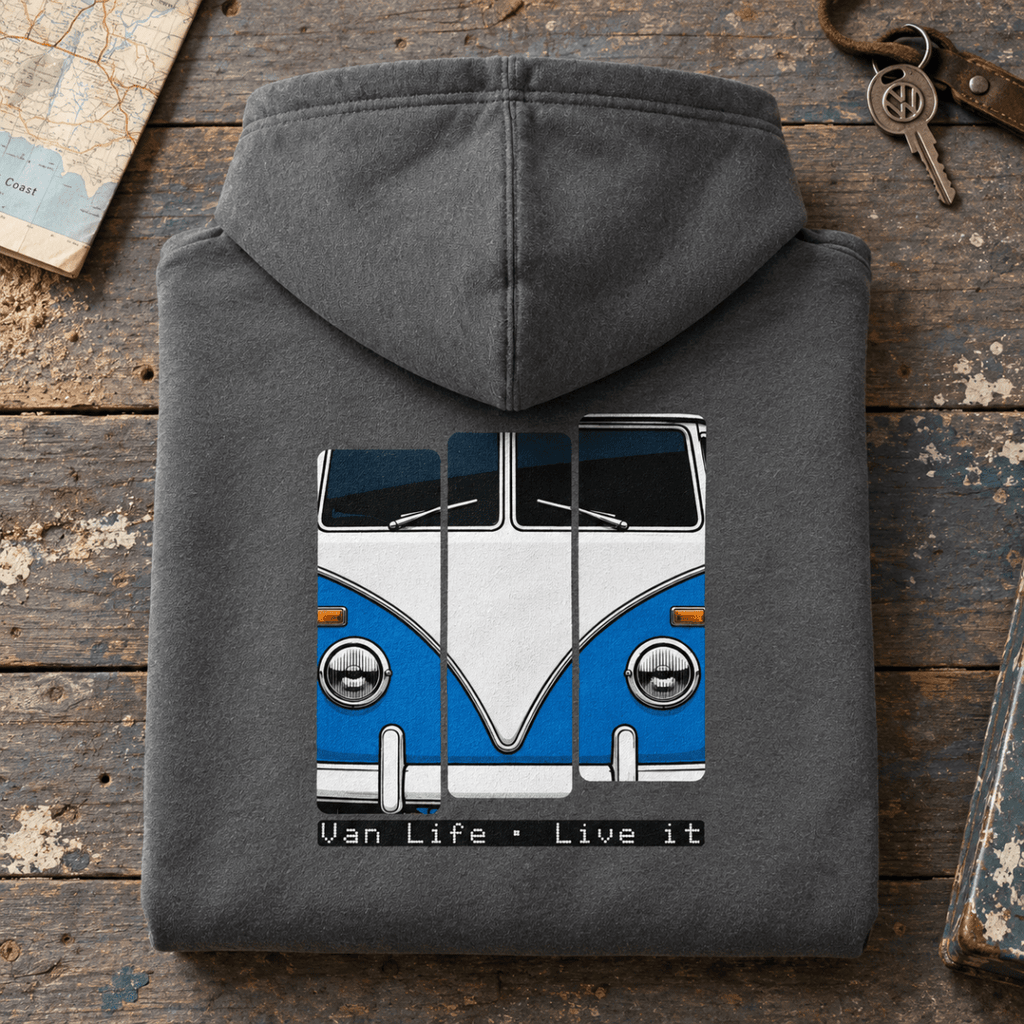Folded dark heather Blue Classic split-screen camper van life hoodie, rear graphic product hero