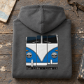 Folded dark heather Blue Classic split-screen camper van life hoodie, rear graphic product hero