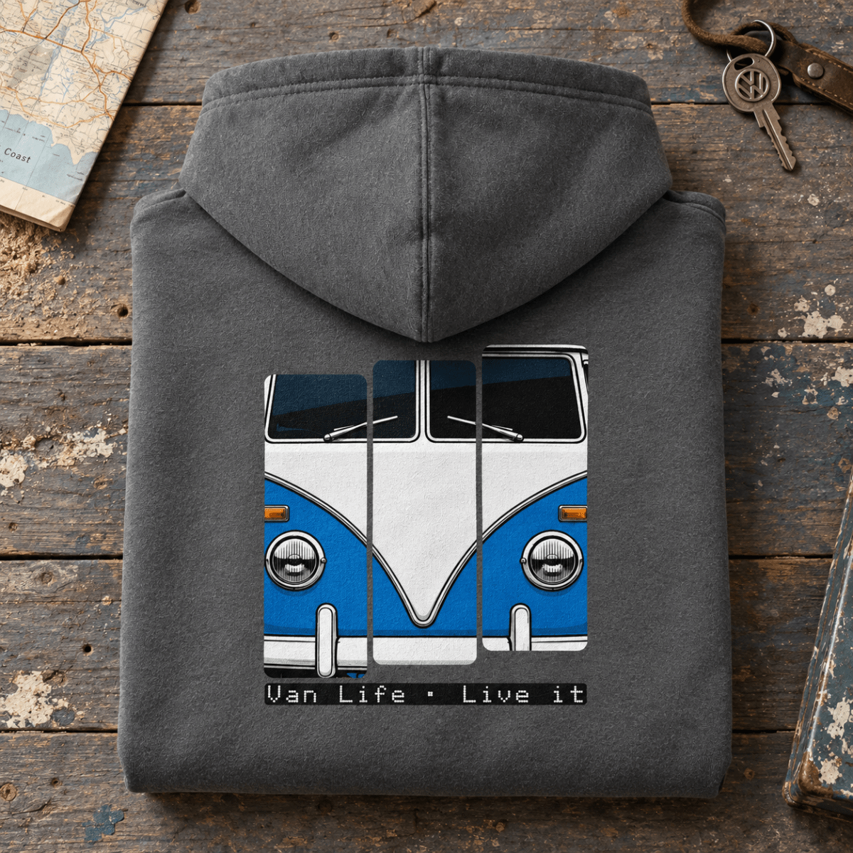 Folded dark heather Blue Classic split-screen camper van life hoodie, rear graphic product hero