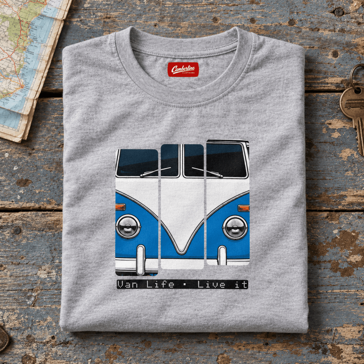 Folded sport grey Blue Classic split-screen camper van life T-shirt, front graphic product hero