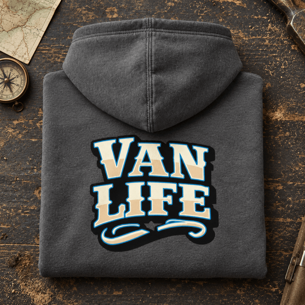 Folded dark heather bold Van Life logo camper hoodie, rear graphic product hero