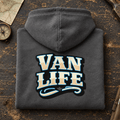 Folded dark heather bold Van Life logo camper hoodie, rear graphic product hero