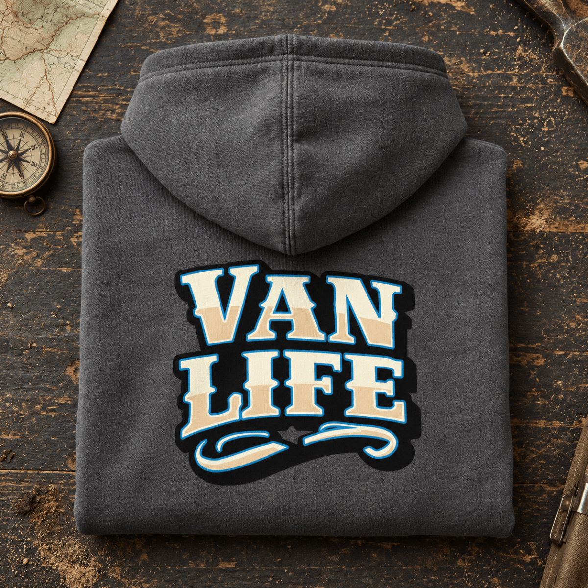Folded dark heather bold Van Life logo camper hoodie, rear graphic product hero