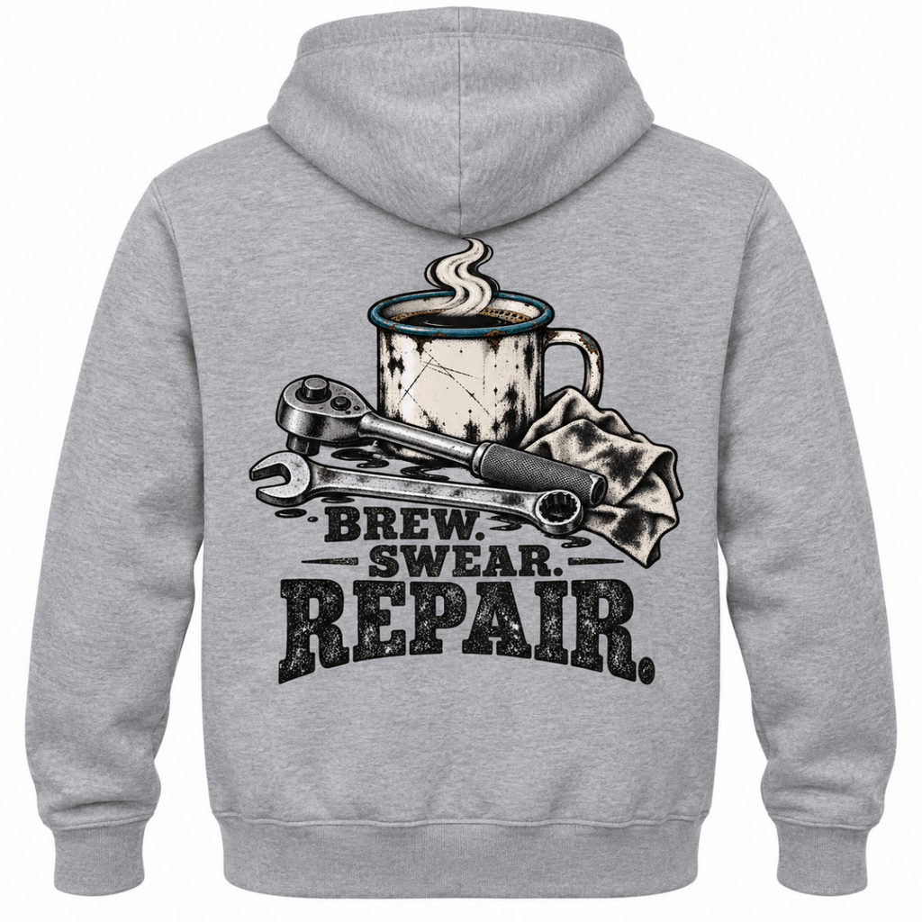Brew Swear Repair coffee and tools mechanic hoodie in sport grey (heather grey), back garment view – car-hd-0805