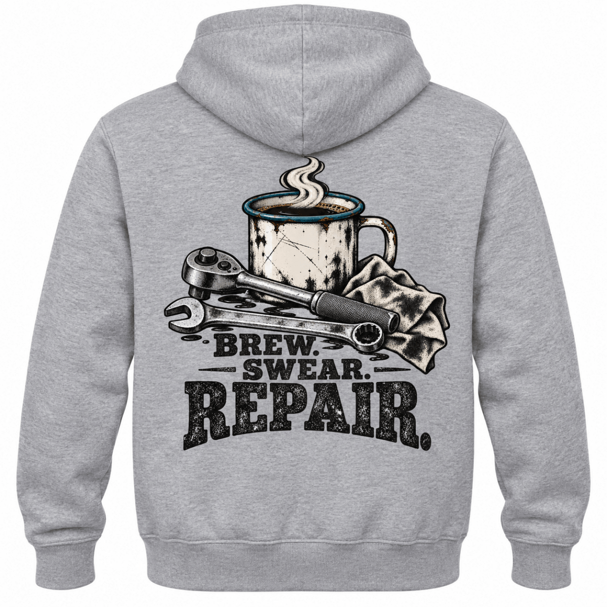 Brew Swear Repair coffee and tools mechanic hoodie in sport grey (heather grey), back garment view – car-hd-0805