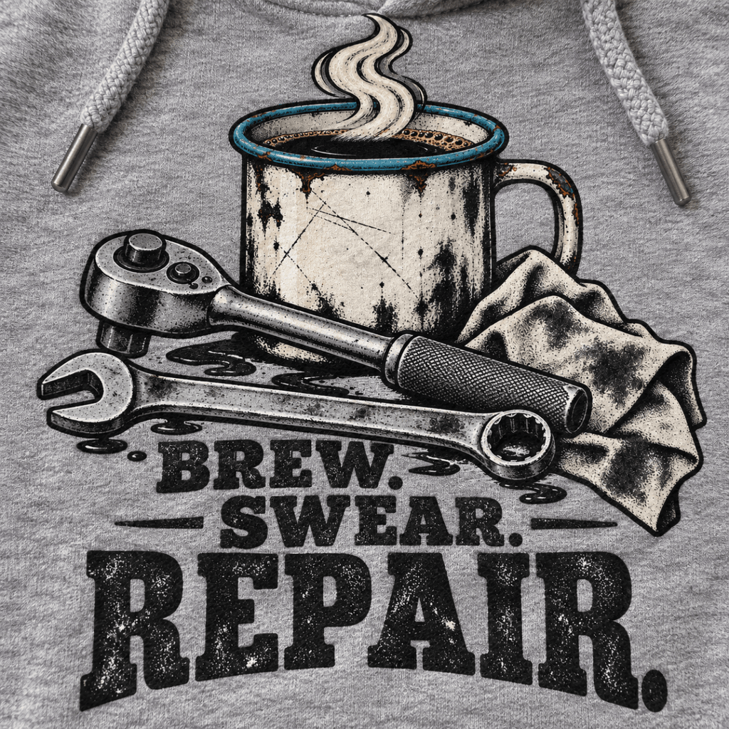 Brew Swear Repair coffee and tools mechanic hoodie in sport grey (heather grey), print close-up – car-hd-0805