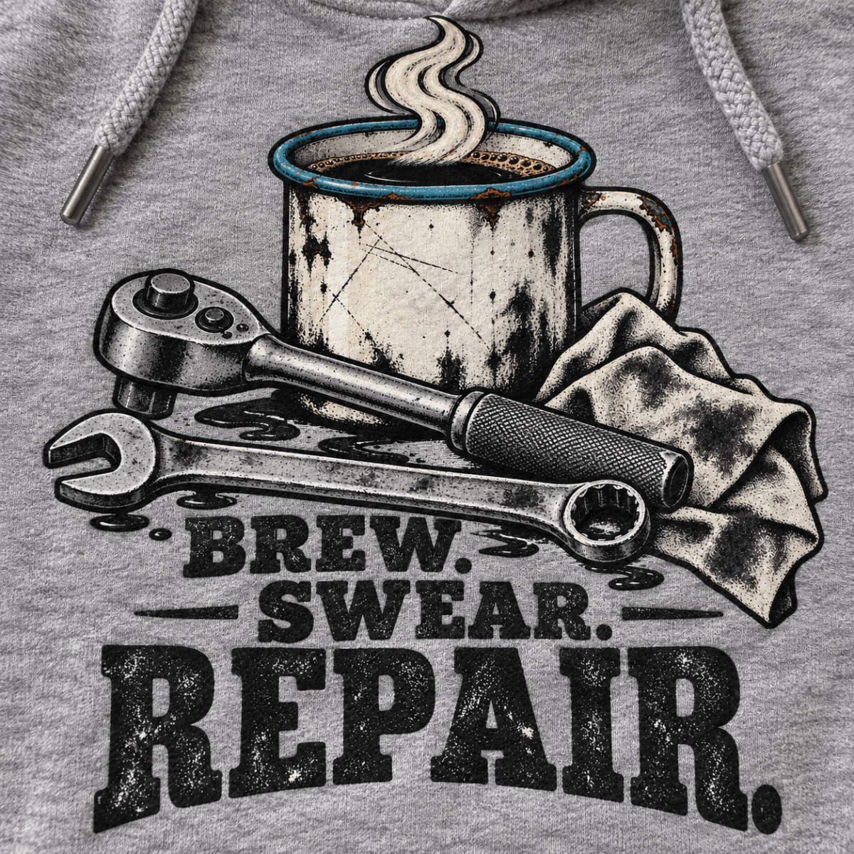 Brew Swear Repair coffee and tools mechanic hoodie in sport grey (heather grey), print close-up – car-hd-0805
