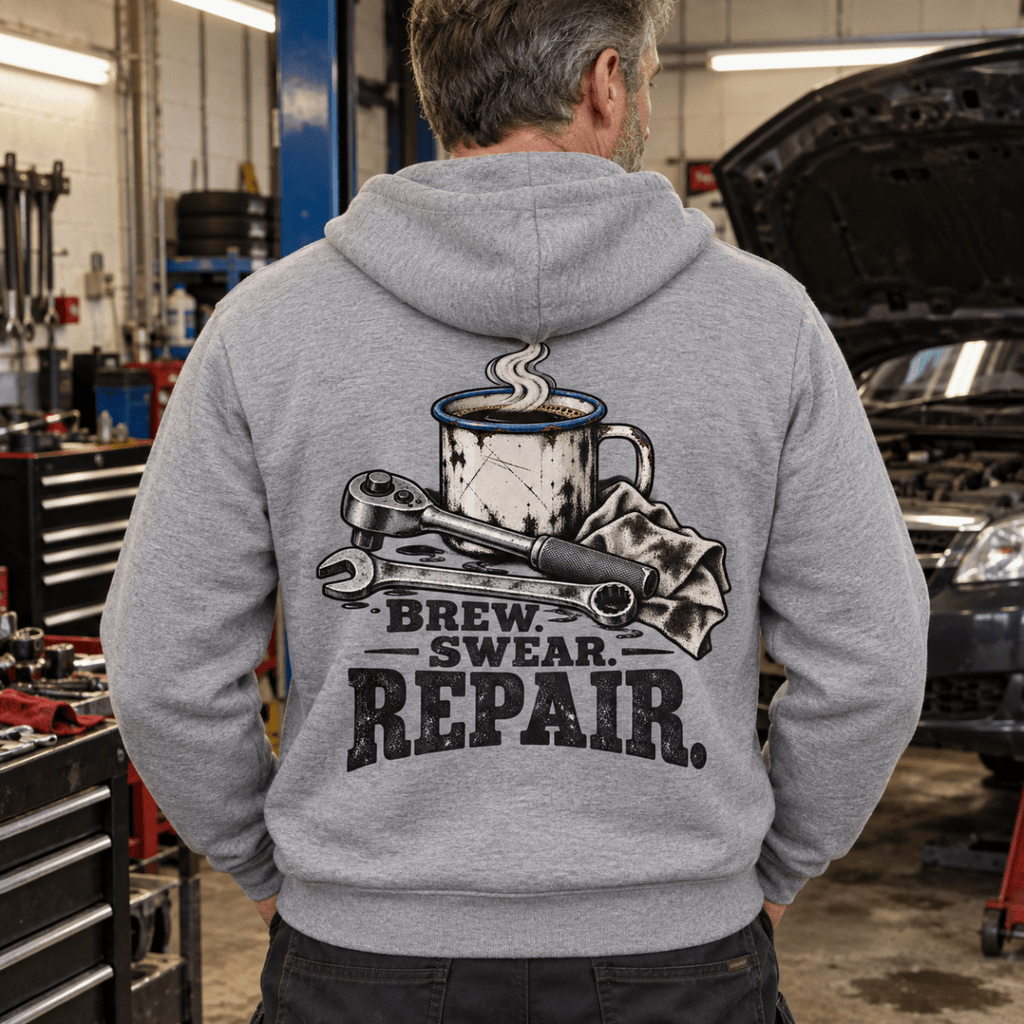 Brew Swear Repair coffee and tools mechanic hoodie in sport grey (heather grey), model back – car-hd-0805