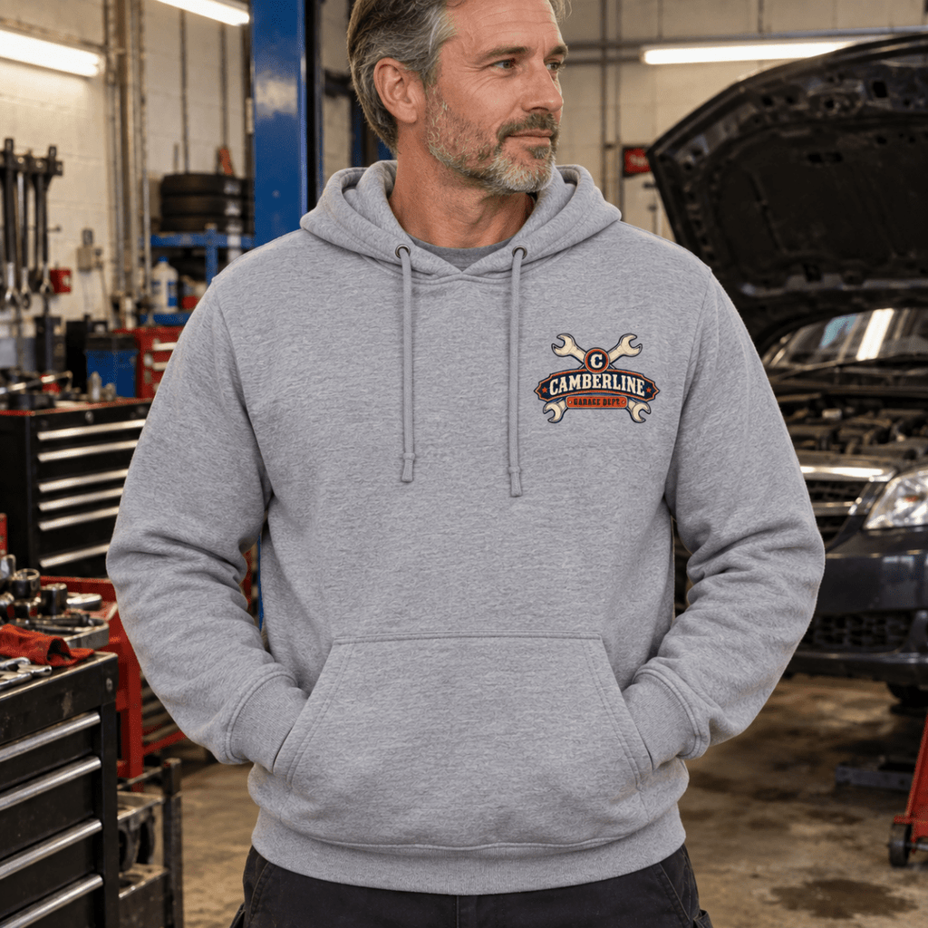 Brew Swear Repair coffee and tools mechanic hoodie in sport grey (heather grey), model front – car-hd-0805