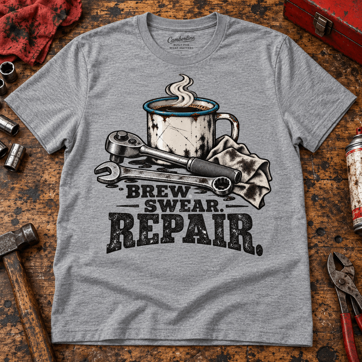 Brew Swear Repair coffee and tools mechanic t-shirt in sport grey (heather grey), front workshop garment view – car-ts-0805