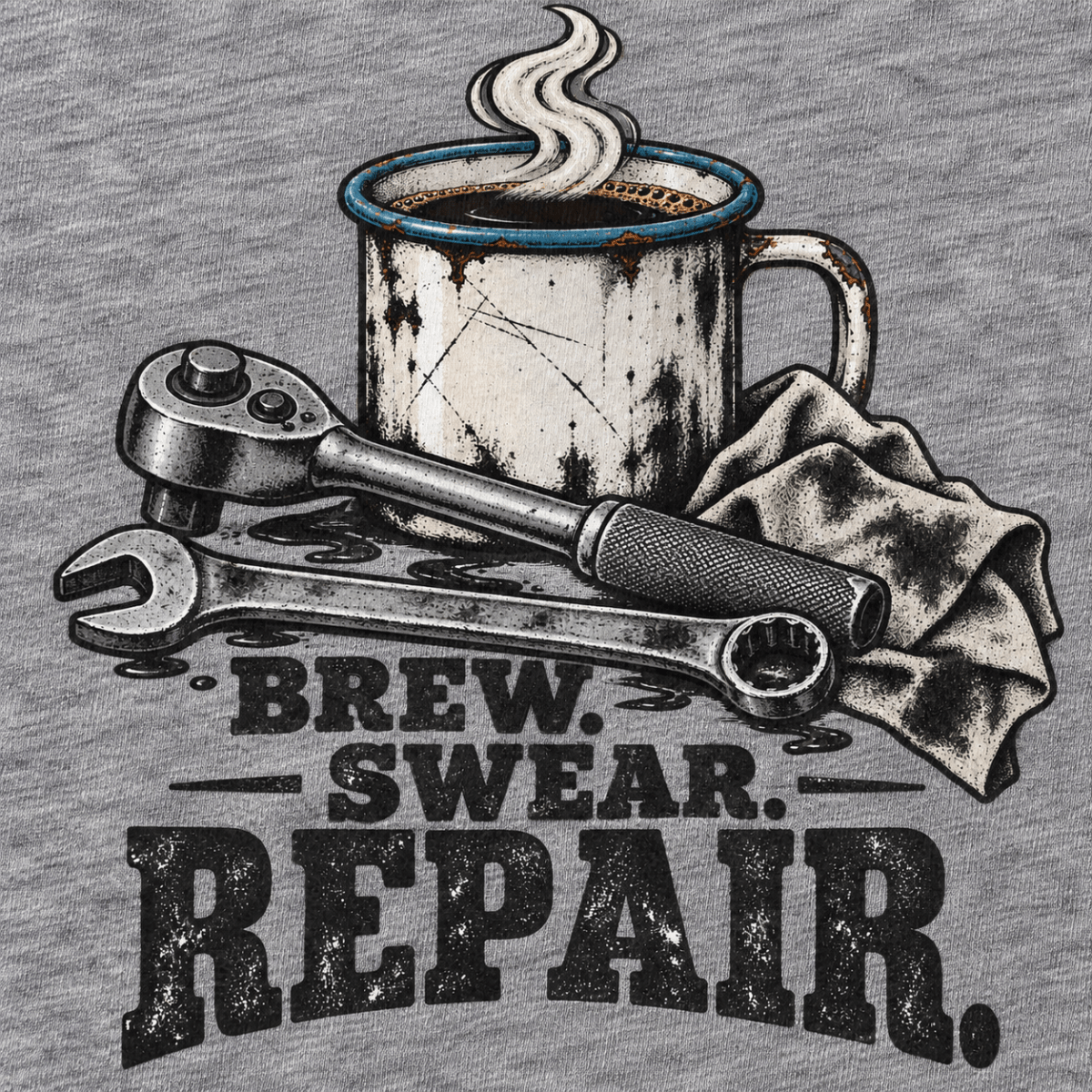 Brew Swear Repair coffee and tools mechanic t-shirt in sport grey (heather grey), print close-up – car-ts-0805