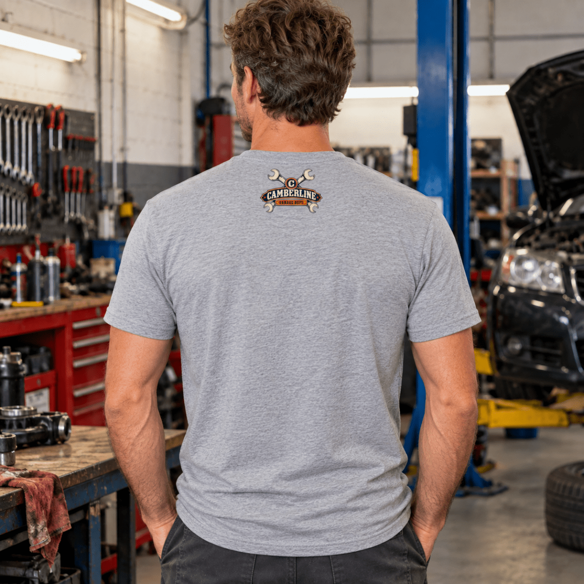 Brew Swear Repair coffee and tools mechanic t-shirt in sport grey (heather grey), model back – car-ts-0805