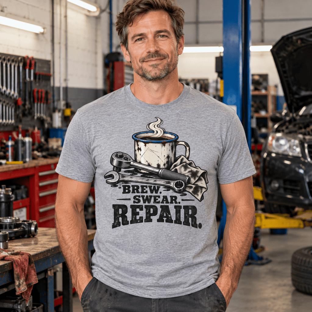 Brew Swear Repair coffee and tools mechanic t-shirt in sport grey (heather grey), model front – car-ts-0805