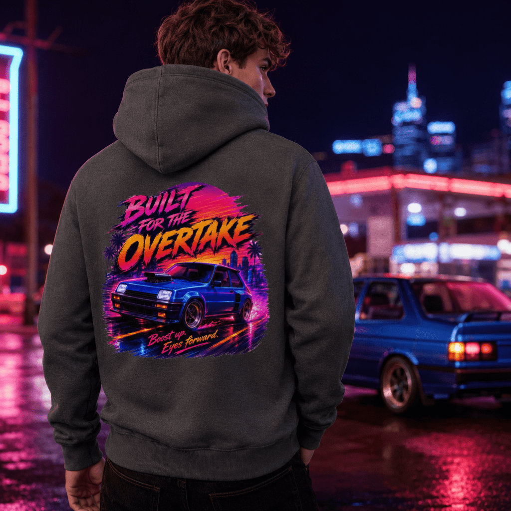 Model wearing Camberline Cars Built For The Overtake Hoodie in Shark Grey