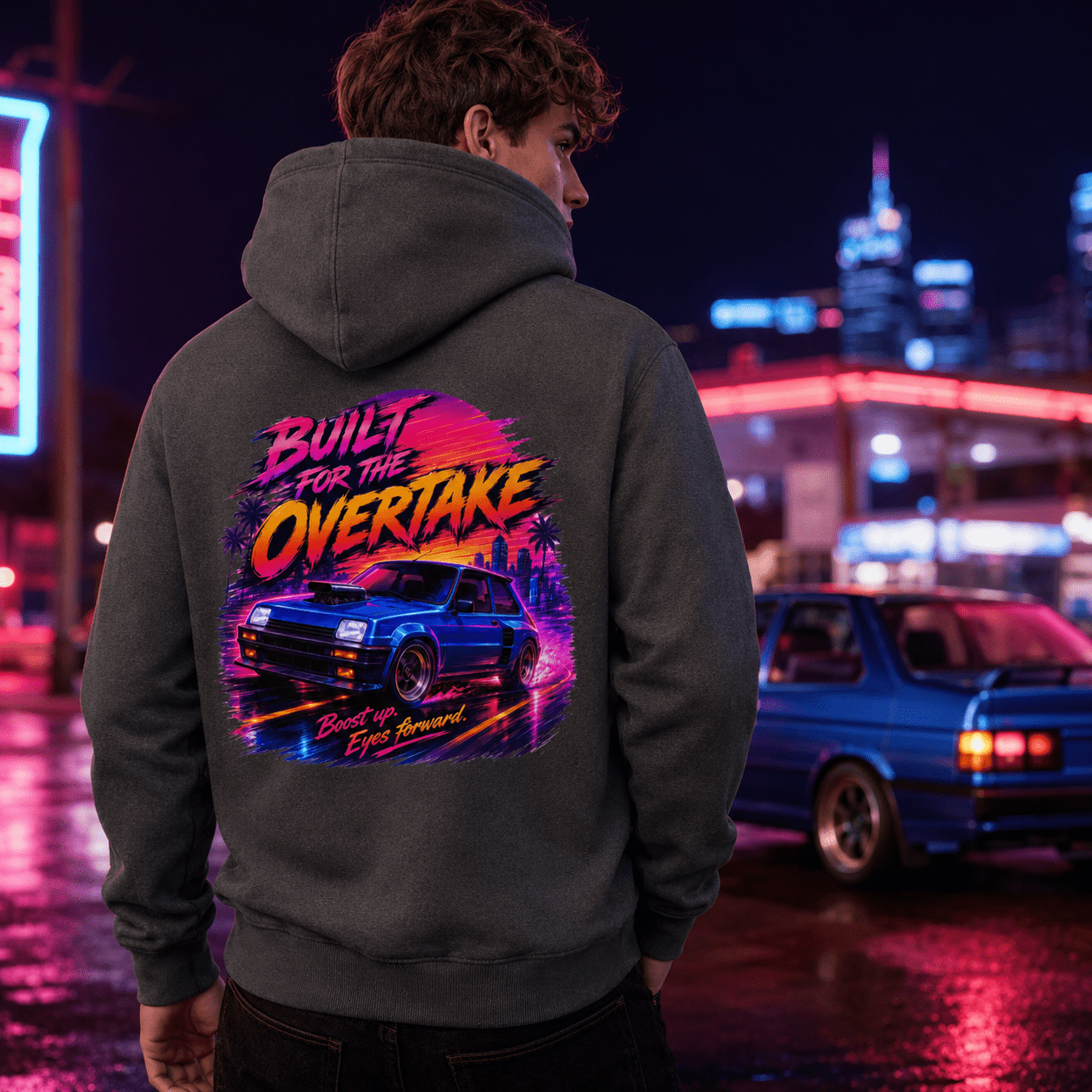 Model wearing Camberline Cars Built For The Overtake Hoodie in Shark Grey