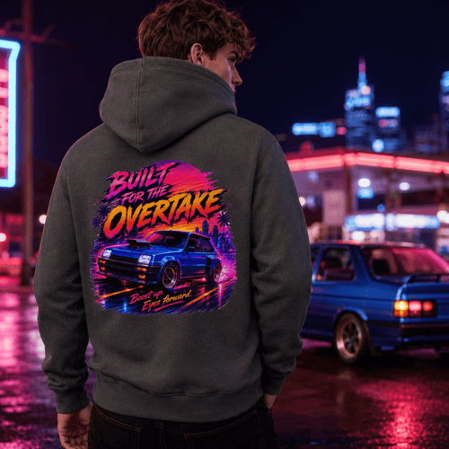 Model wearing Camberline Cars Built For The Overtake Hoodie in Shark Grey