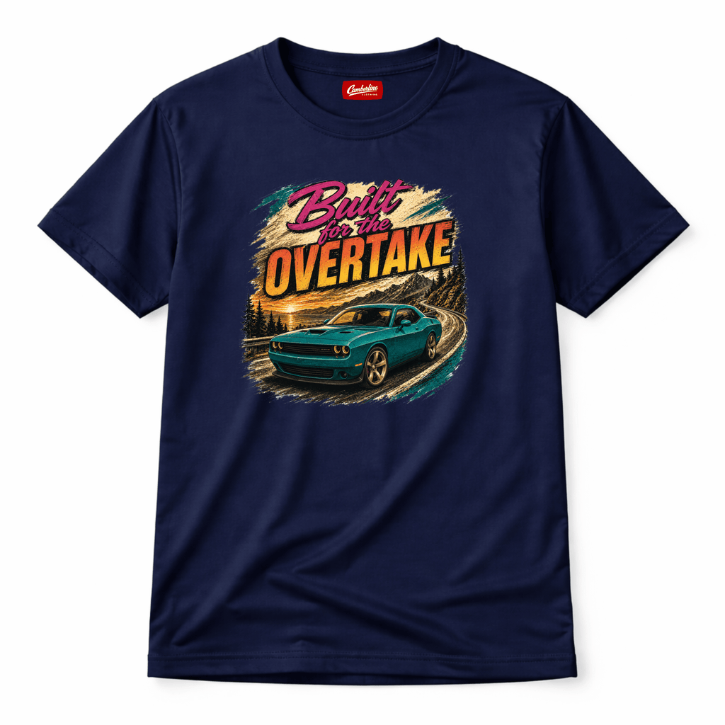 Navy blue t-shirt with a graphic of a car and 'Built for the Overtake' text on a white background