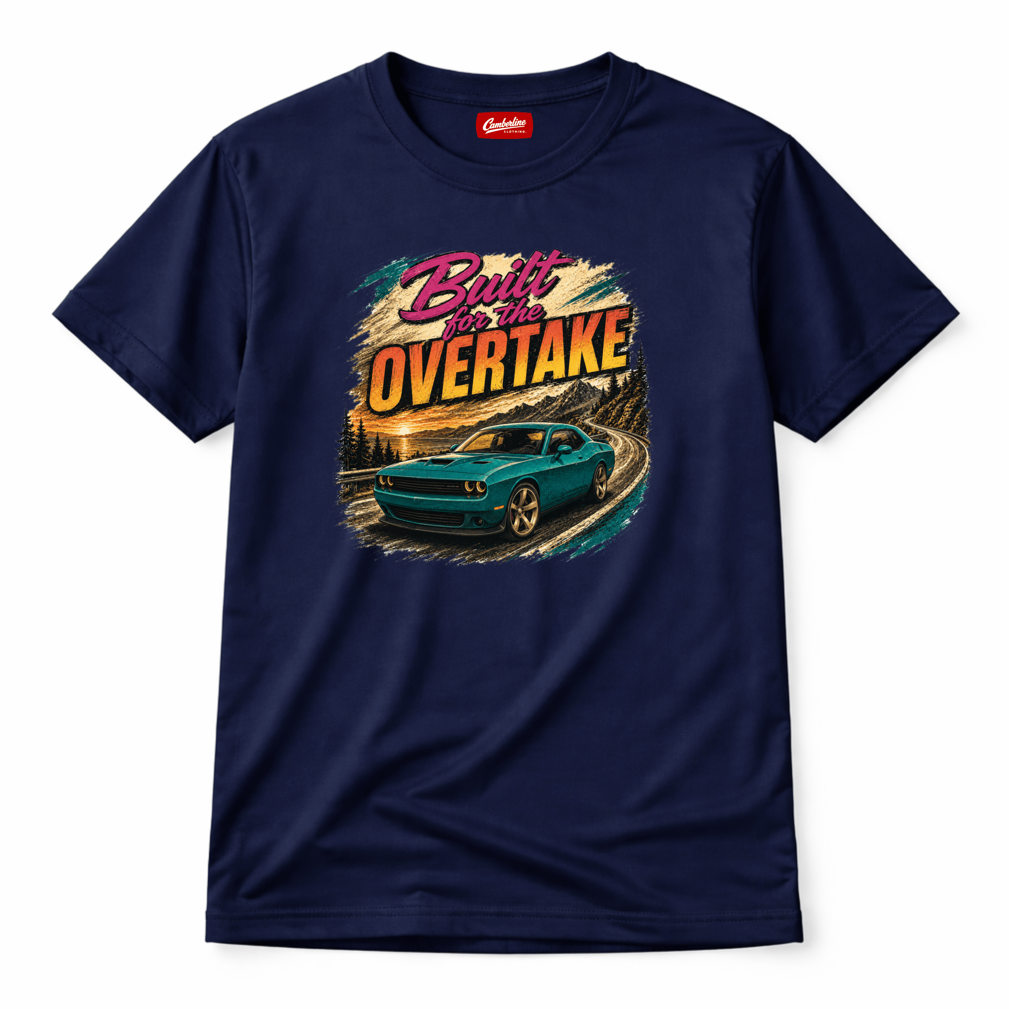 Navy blue t-shirt with a graphic of a car and 'Built for the Overtake' text on a white background