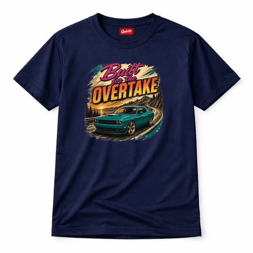 Navy blue t-shirt with a graphic of a car and 'Built for the Overtake' text on a white background