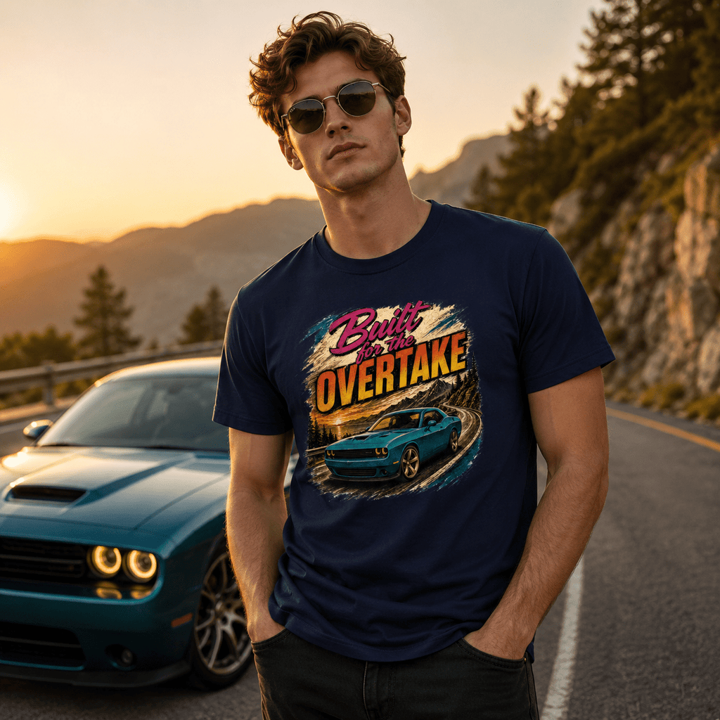 Built for the Overtake Classic Hatch T-Shirt worn with blue car