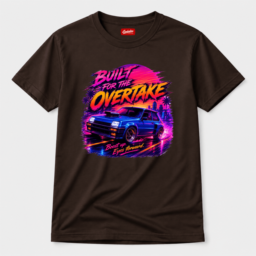 Camberline Cars Built For The Overtake T-Shirt in Dark Chocolate showing front graphic