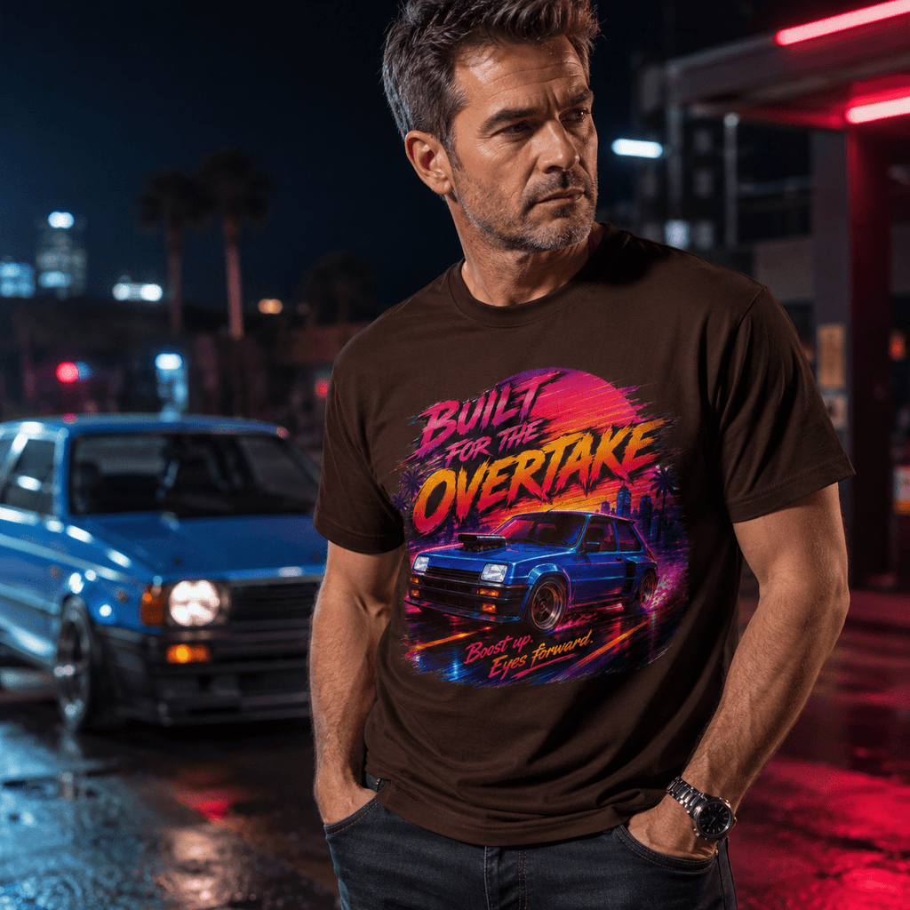 Model wearing Camberline Cars Built For The Overtake T-Shirt in Dark Chocolate