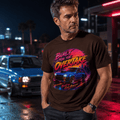 Model wearing Camberline Cars Built For The Overtake T-Shirt in Dark Chocolate