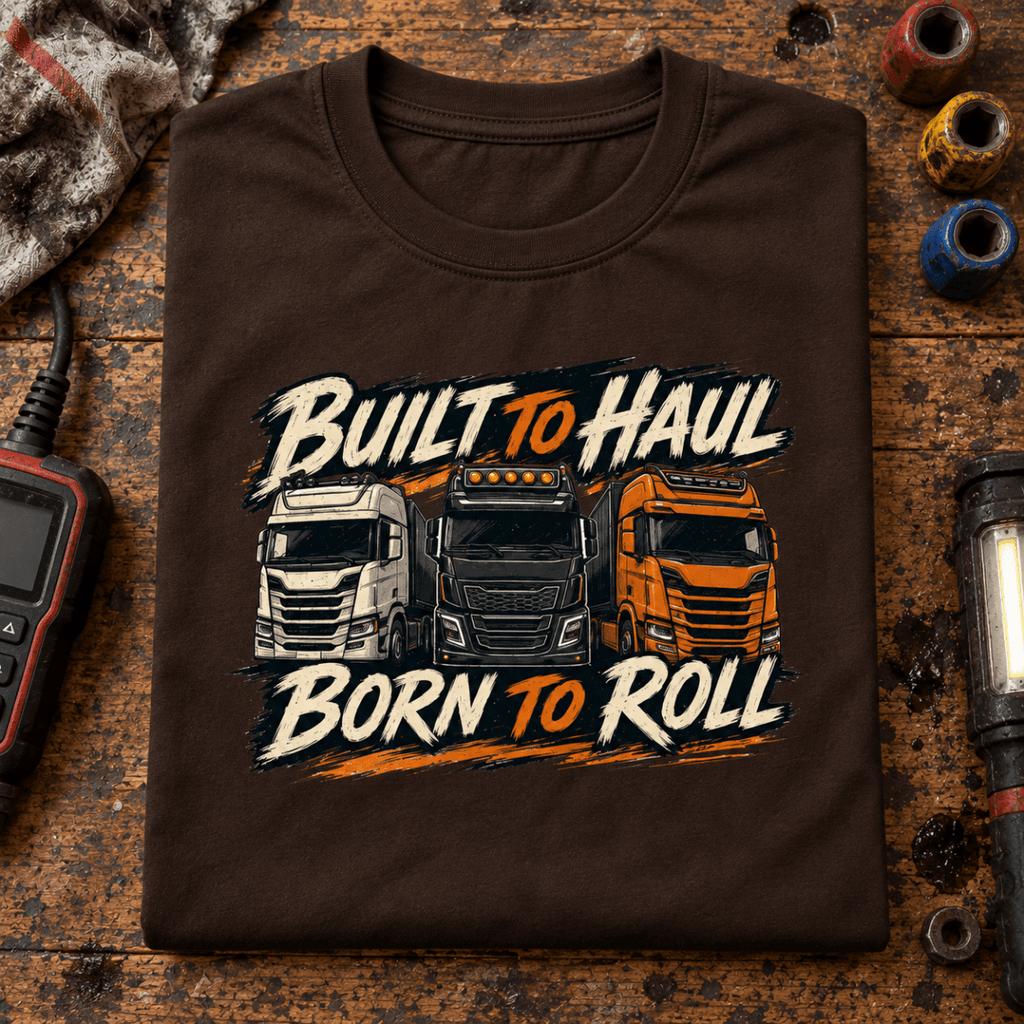 Brown Built to Haul lorry T-shirt folded on a fleet-service workbench