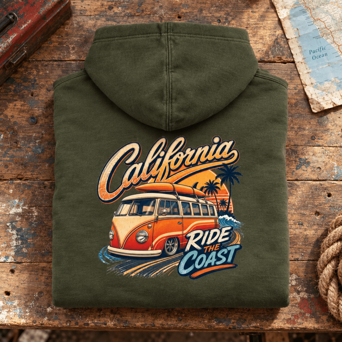 Folded olive California Ride the Coast camper van life hoodie, rear graphic product hero