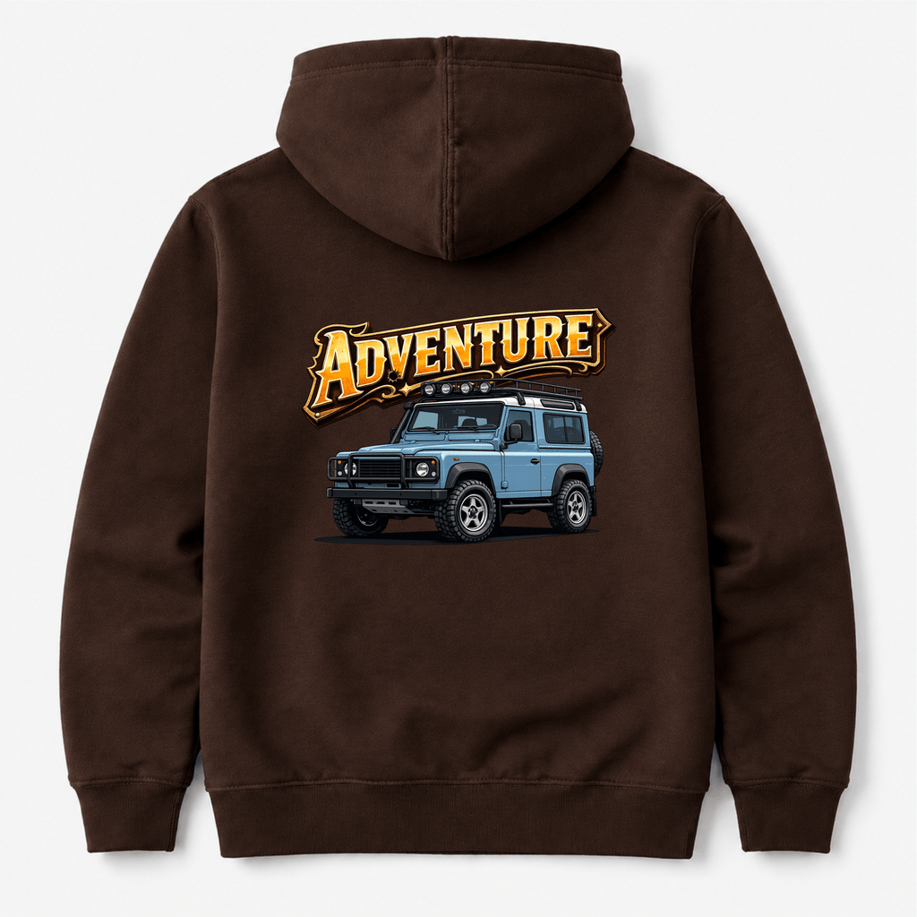 Camberline Cars Adventure 4X4 Off Road Hoodie in Hot Chocolate showing back graphic
