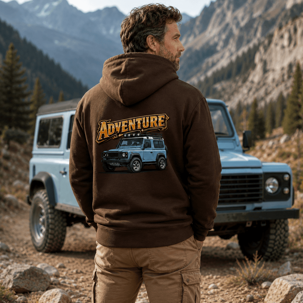 Model wearing Camberline Cars Adventure 4X4 Off Road Hoodie in Hot Chocolate