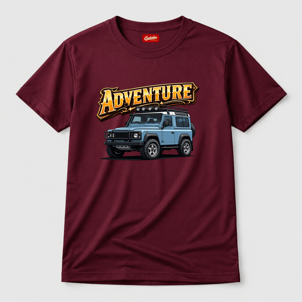 Camberline Cars Adventure 4X4 Off Road T-Shirt in Burgundy showing front graphic