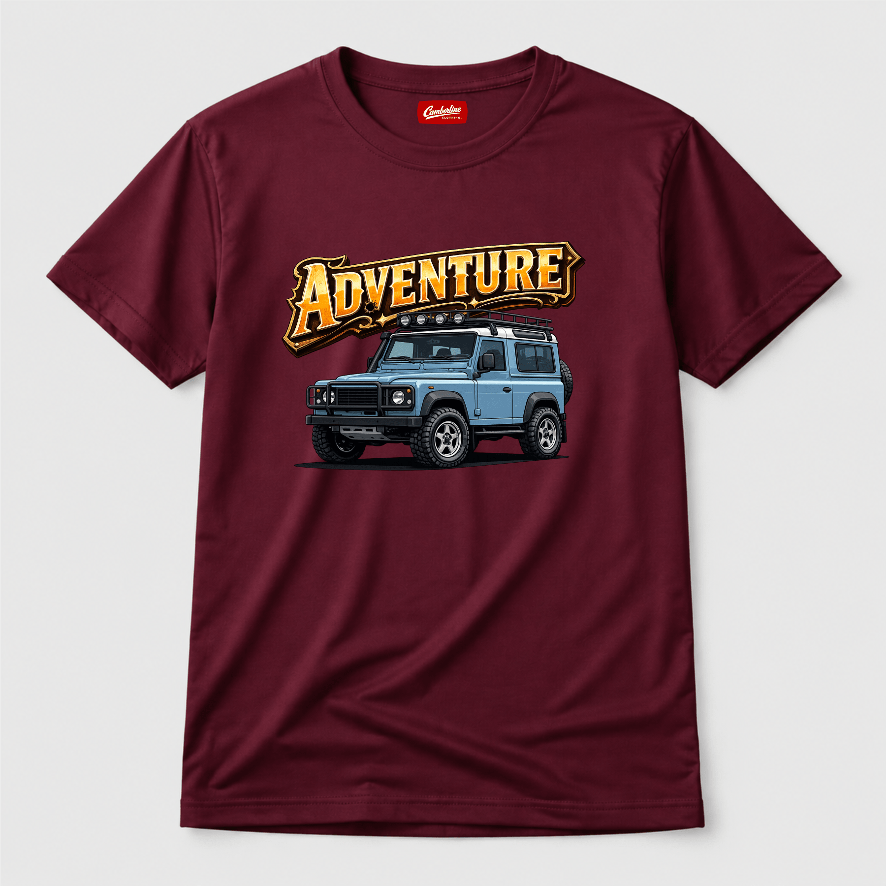 Camberline Cars Adventure 4X4 Off Road T-Shirt in Burgundy showing front graphic