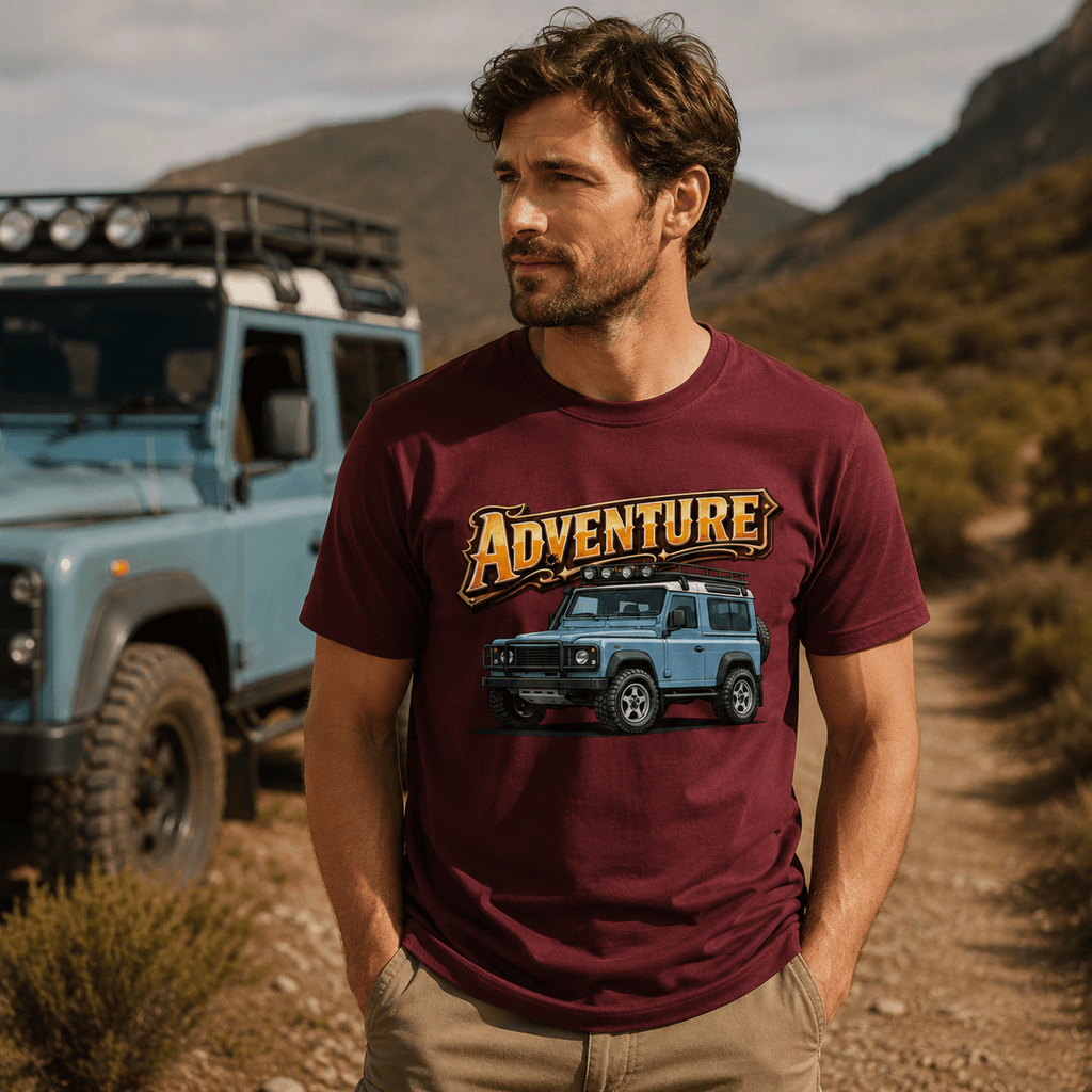 Model wearing Camberline Cars Adventure 4X4 Off Road T-Shirt in Burgundy