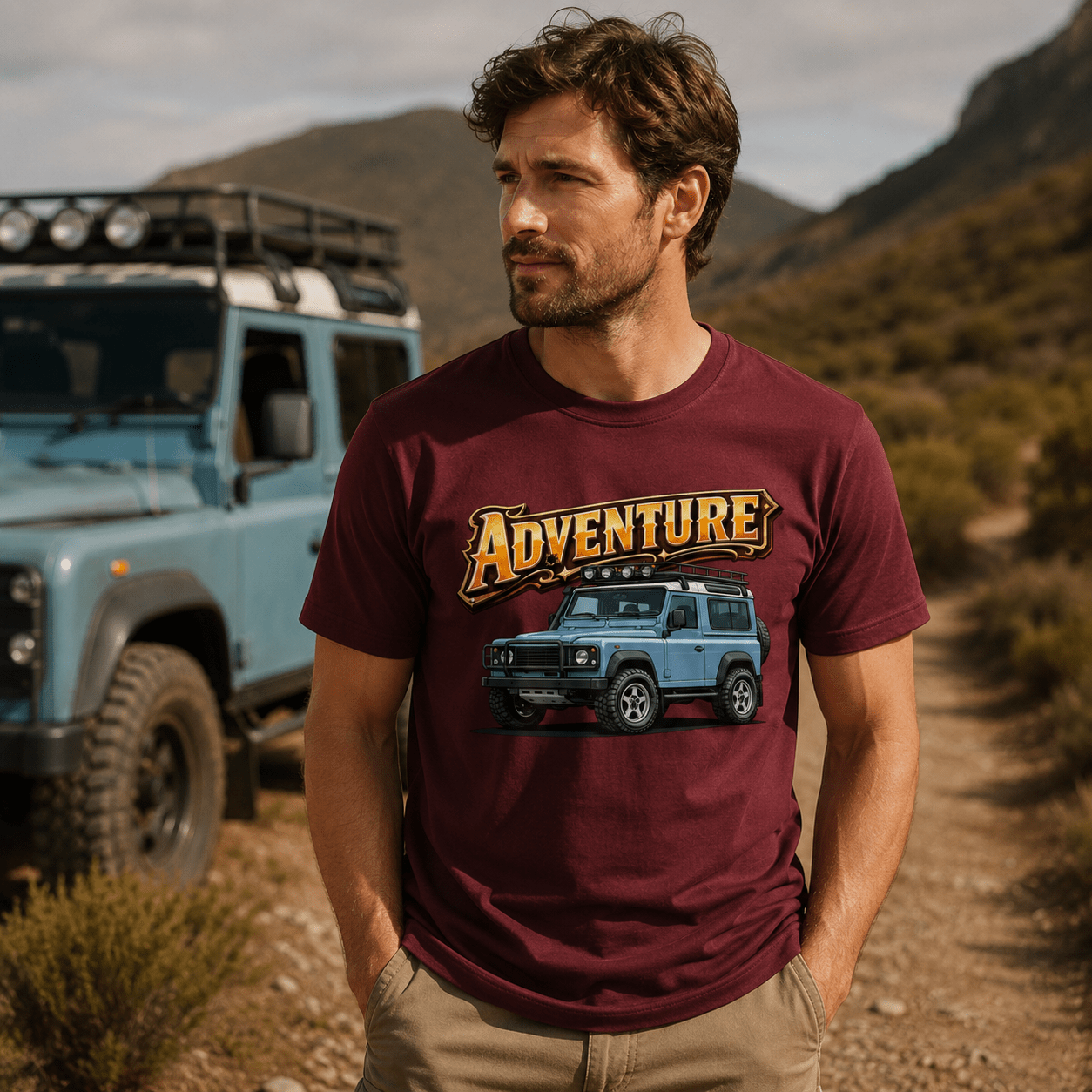 Model wearing Camberline Cars Adventure 4X4 Off Road T-Shirt in Burgundy