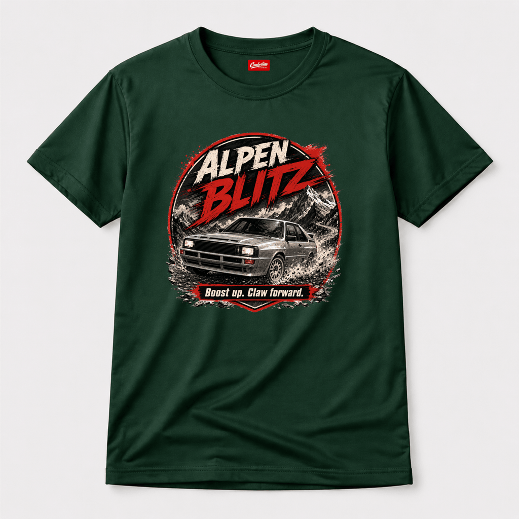 Camberline Cars Alpen Blitz Boost Up Claw Forward Rally T-Shirt in Forest Green showing front graphic