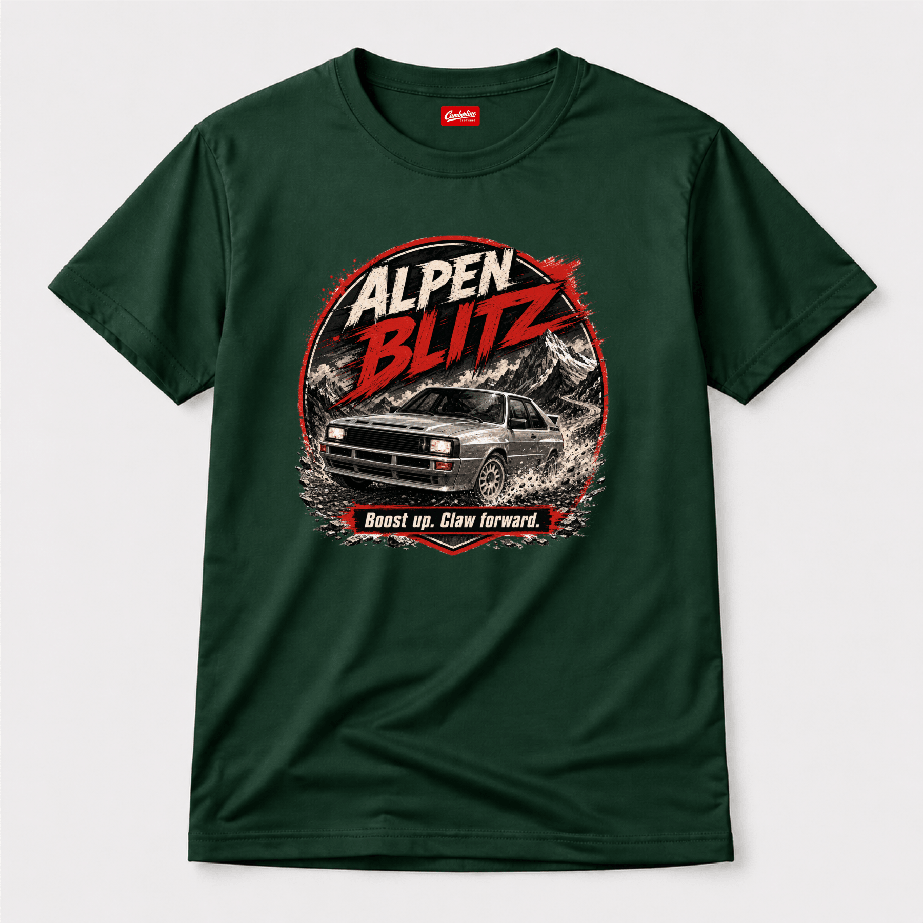 Camberline Cars Alpen Blitz Boost Up Claw Forward Rally T-Shirt in Forest Green showing front graphic