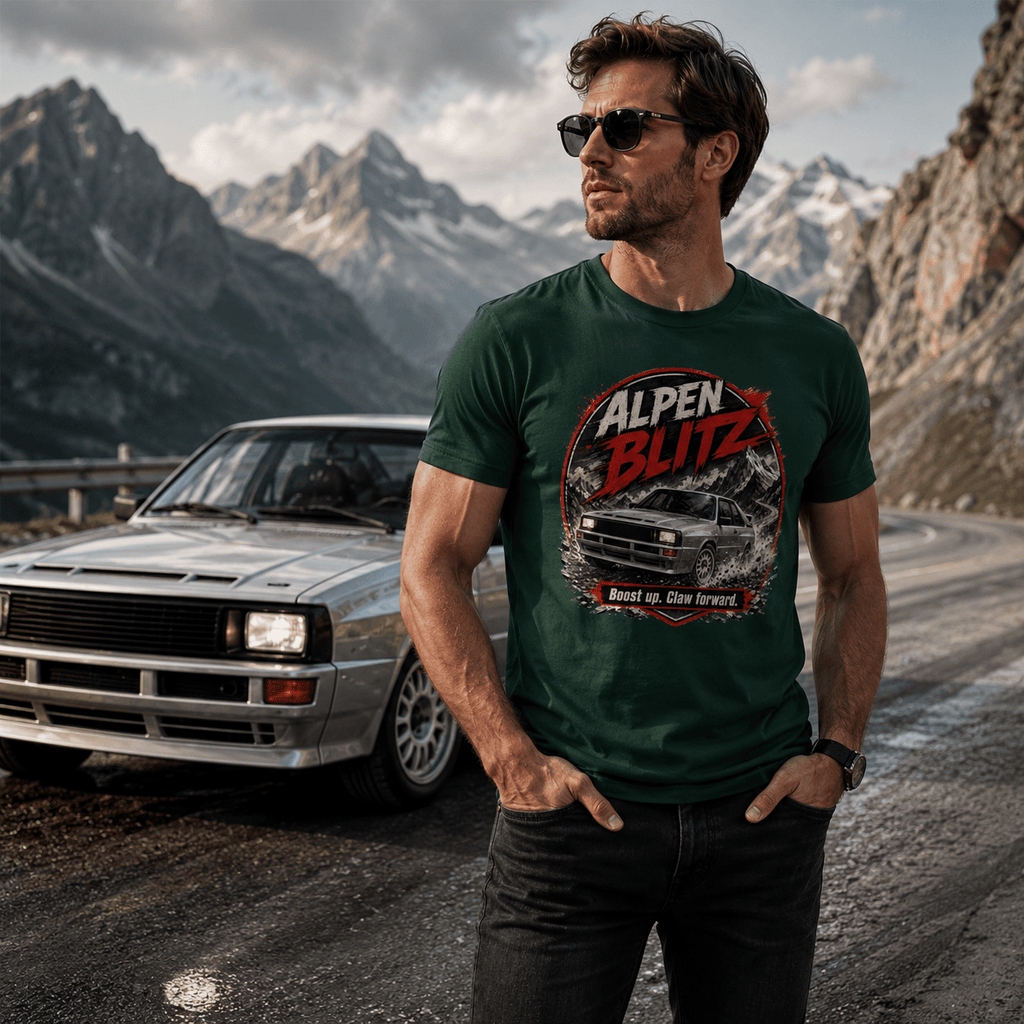 Model wearing Camberline Cars Alpen Blitz Boost Up Claw Forward Rally T-Shirt in Forest Green
