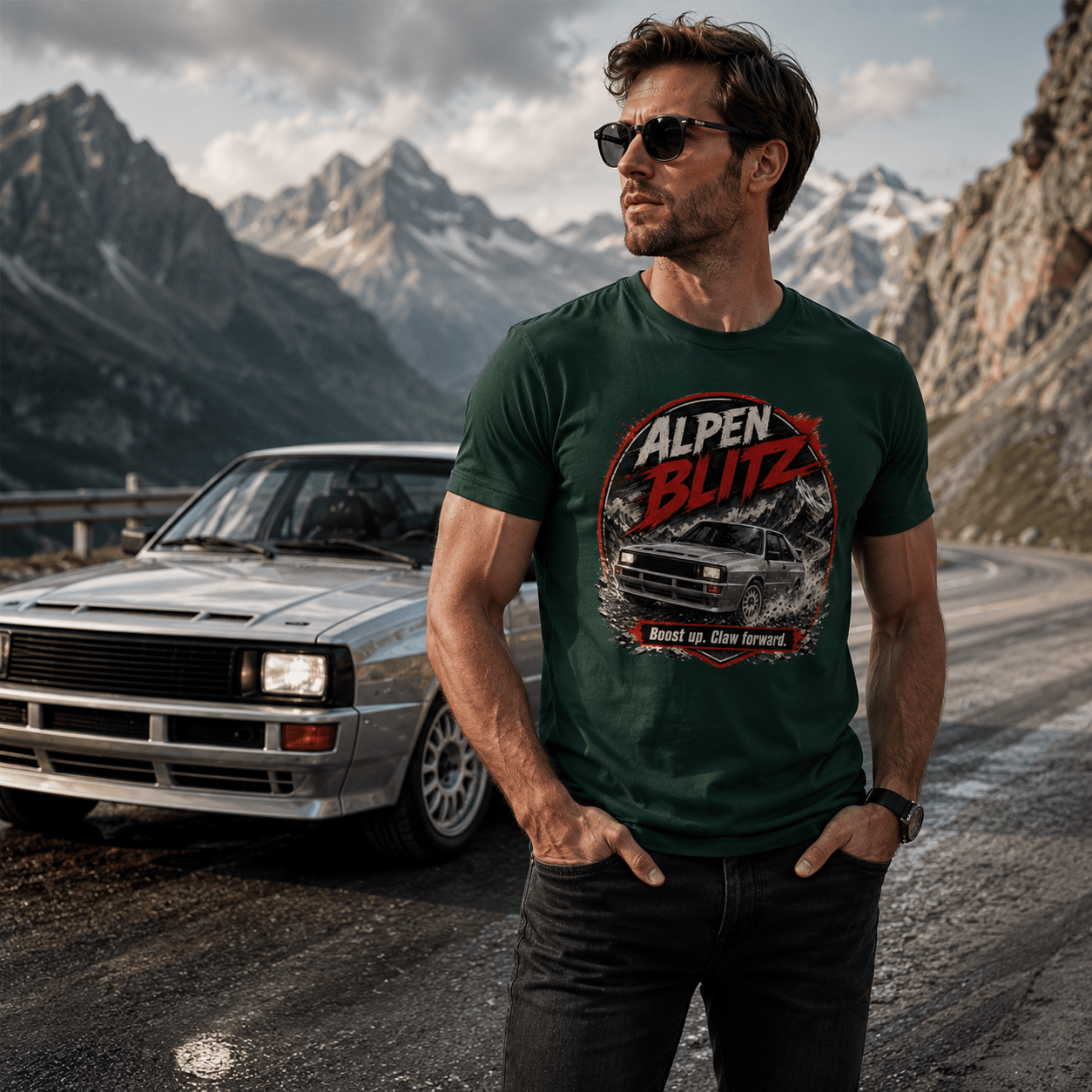 Model wearing Camberline Cars Alpen Blitz Boost Up Claw Forward Rally T-Shirt in Forest Green