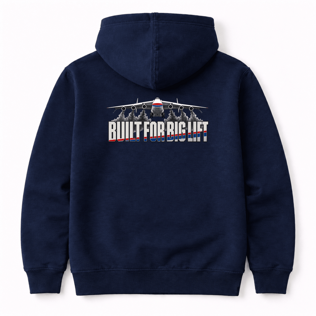 Navy blue hoodie with a graphic design on the back featuring text and an airplane, on a white background.