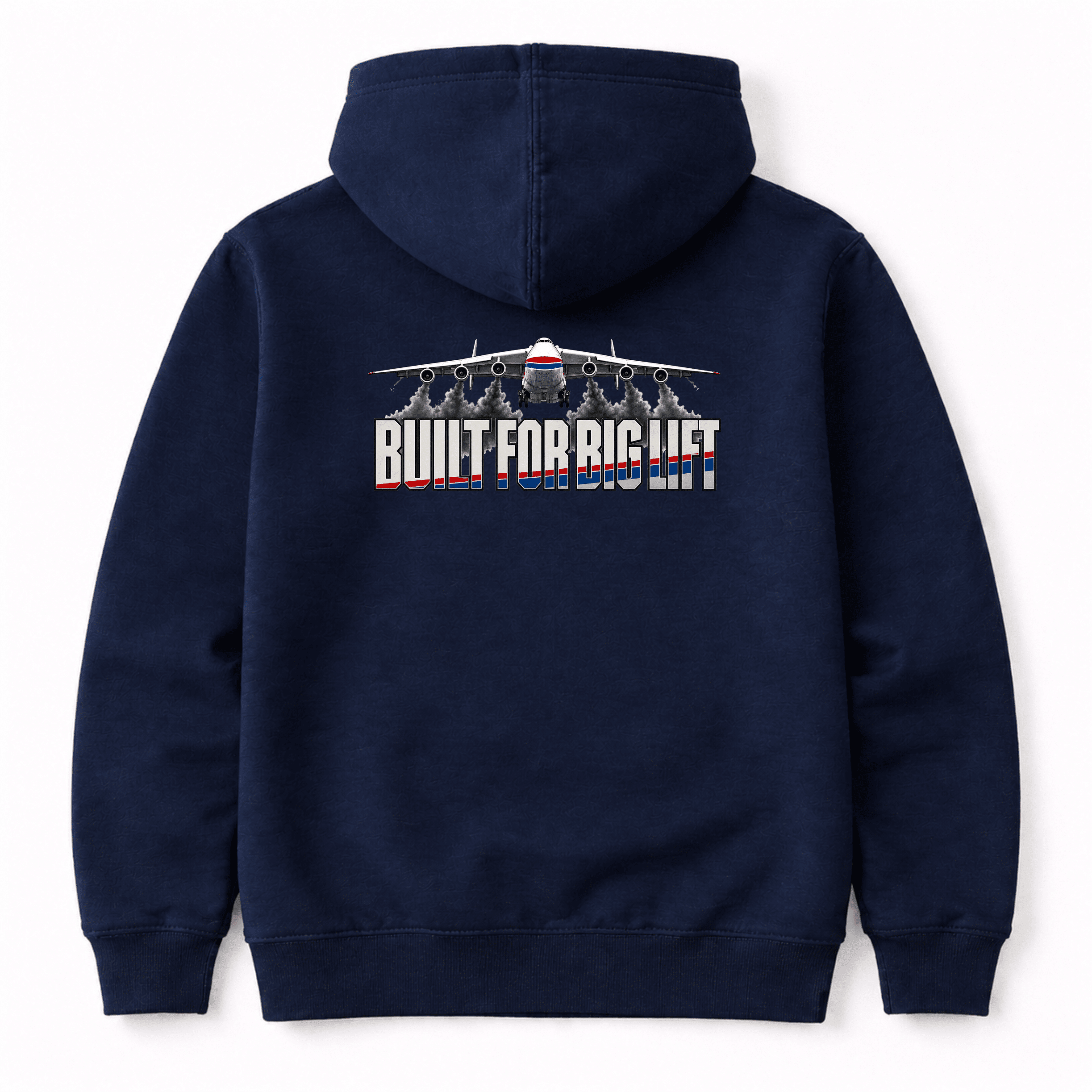 Navy blue hoodie with a graphic design on the back featuring text and an airplane, on a white background.