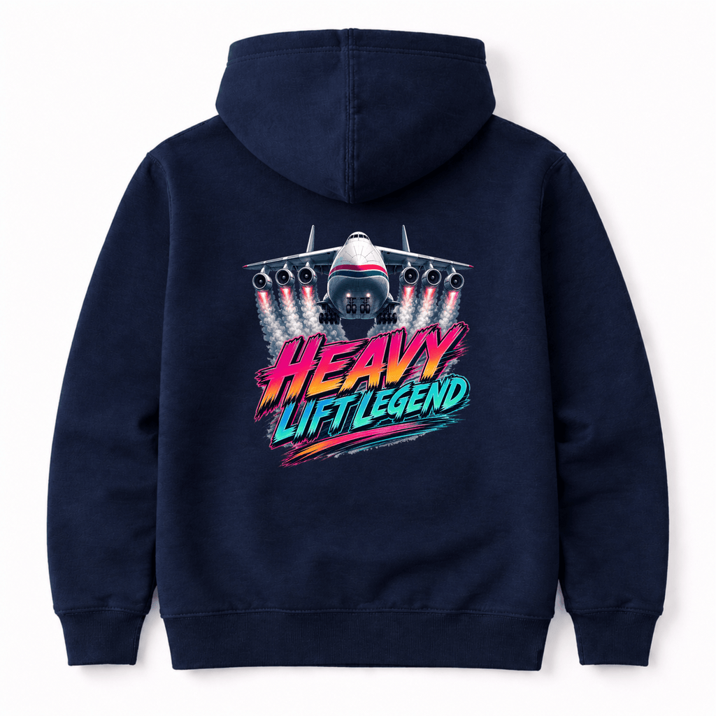 Camberline navy pullover hoodie back view - Heavy Lift Legend 
neon retro wide-body cargo plane graphic in pink and teal