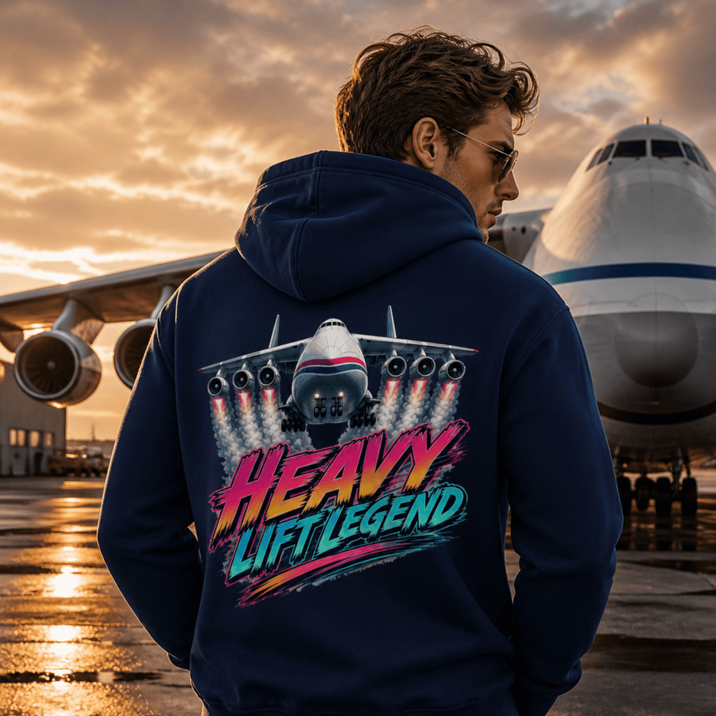 Camberline navy hoodie back view - Heavy Lift Legend neon cargo 
aircraft graphic, worn by man on airport apron at sunset