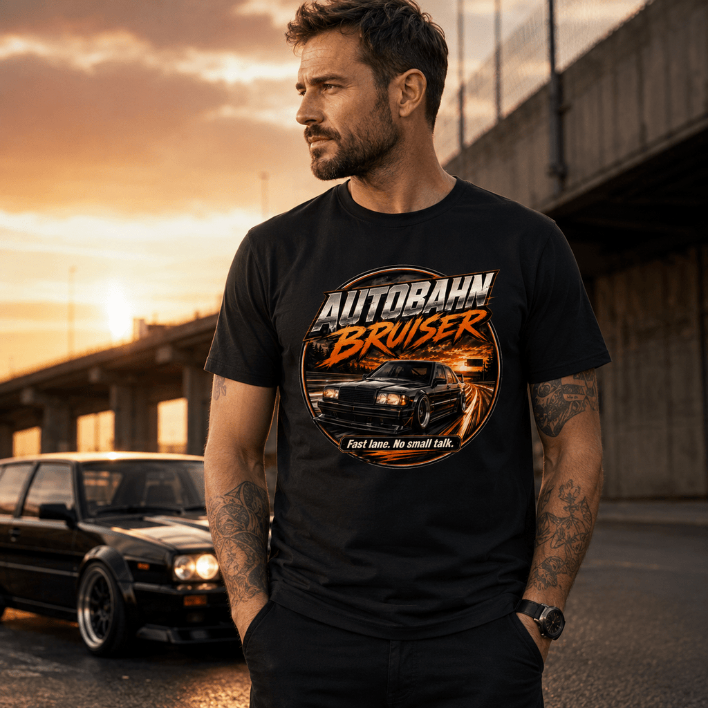 Model wearing Camberline Cars Autobahn Bruiser Fast Lane No Small Talk German T-Shirt in Black